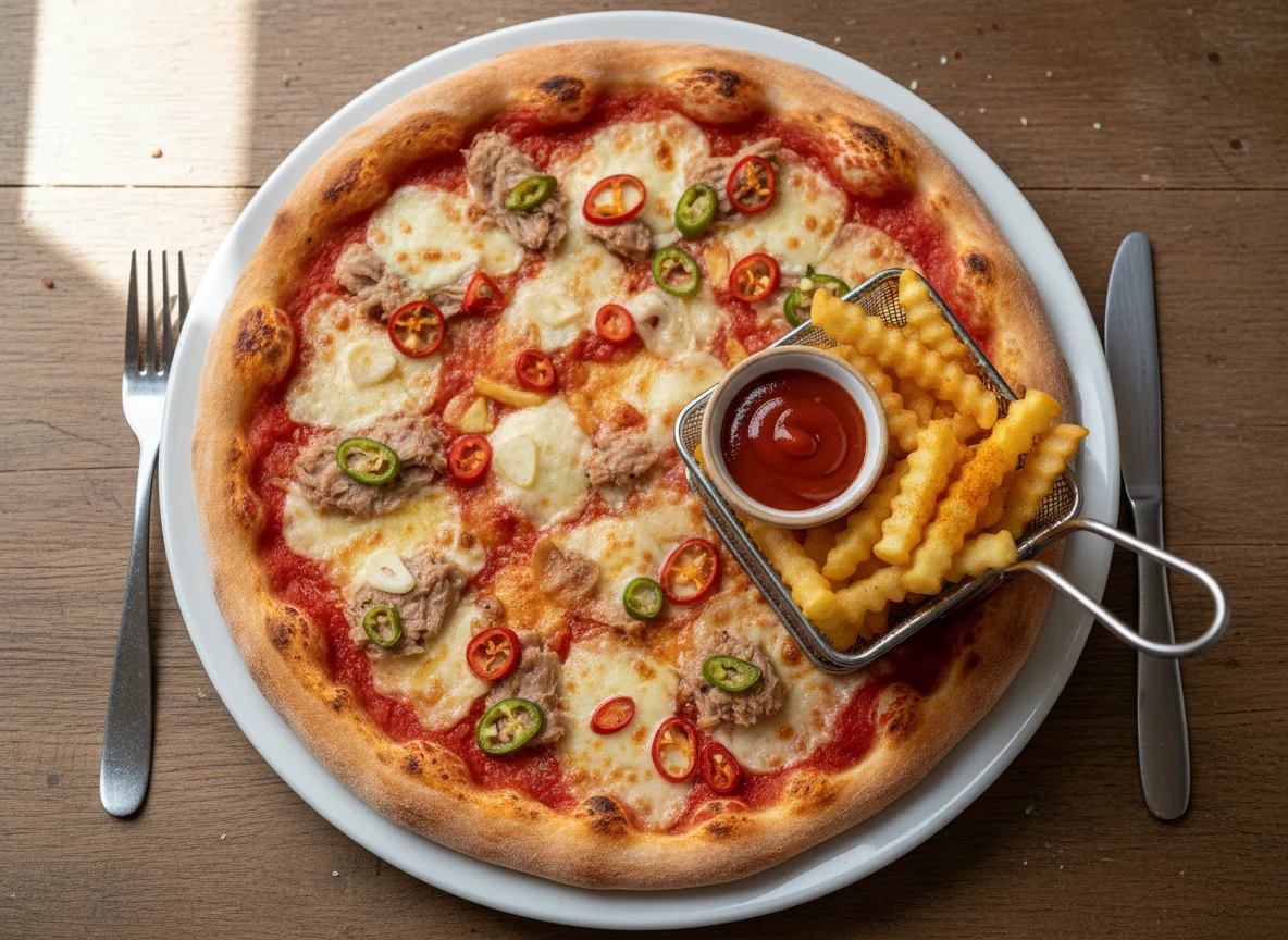 29cm Pizza mit Knoblauch Thunfisch scharf und eine Portion Pommes photo