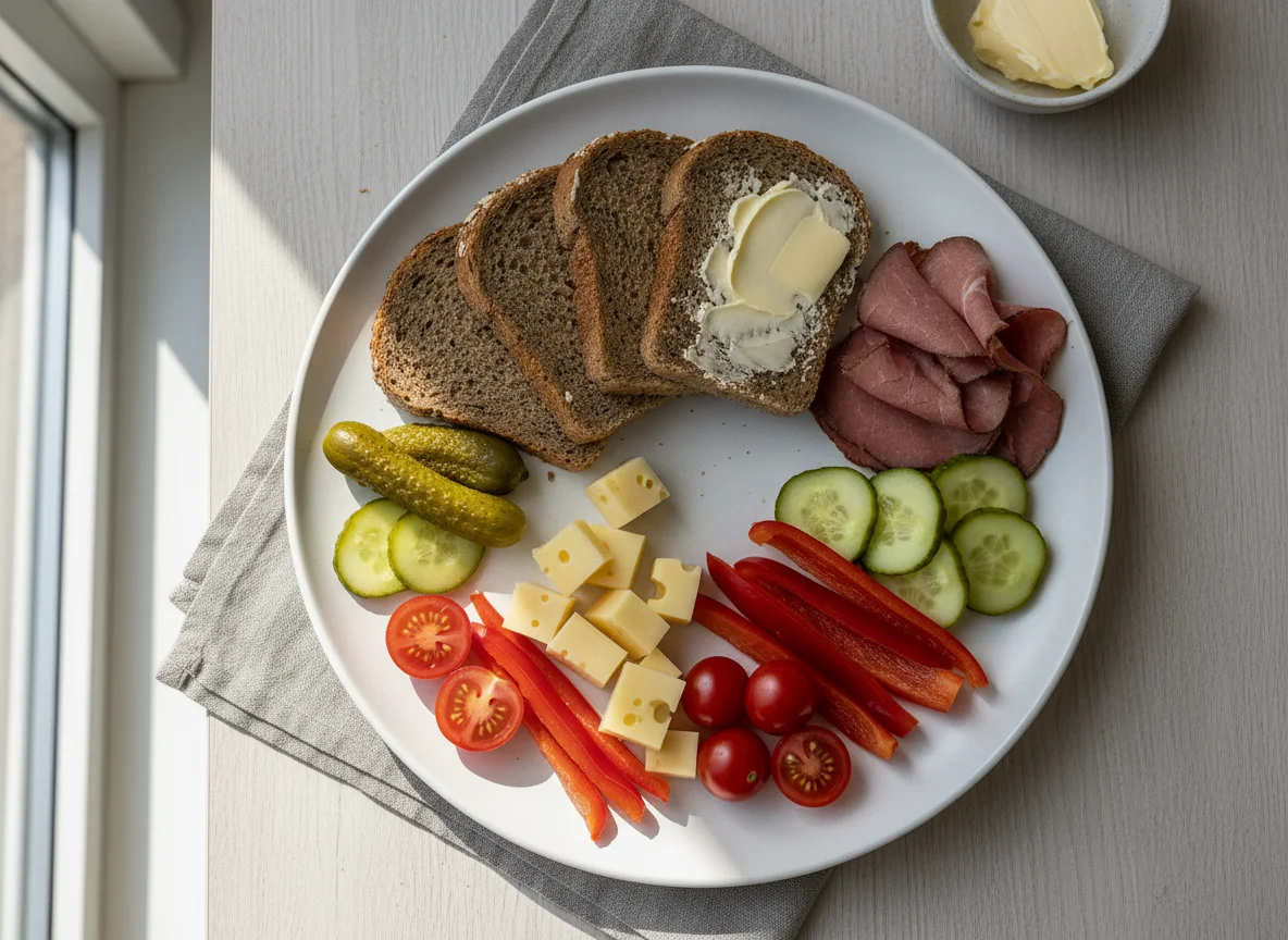 Abendbrot mit Brot, Aufschnitt und Gemüse photo