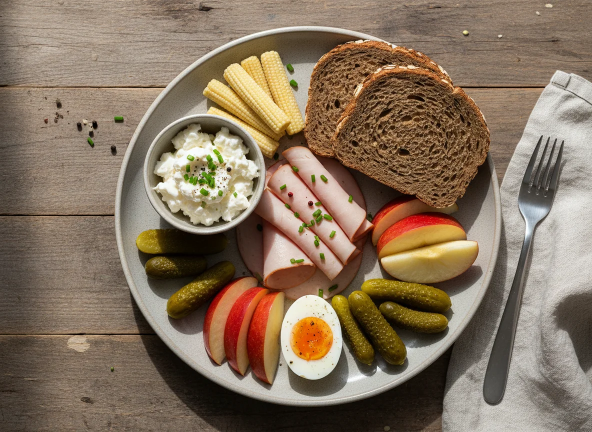 Abendbrot mit Brot, Eiern und Gemüse photo