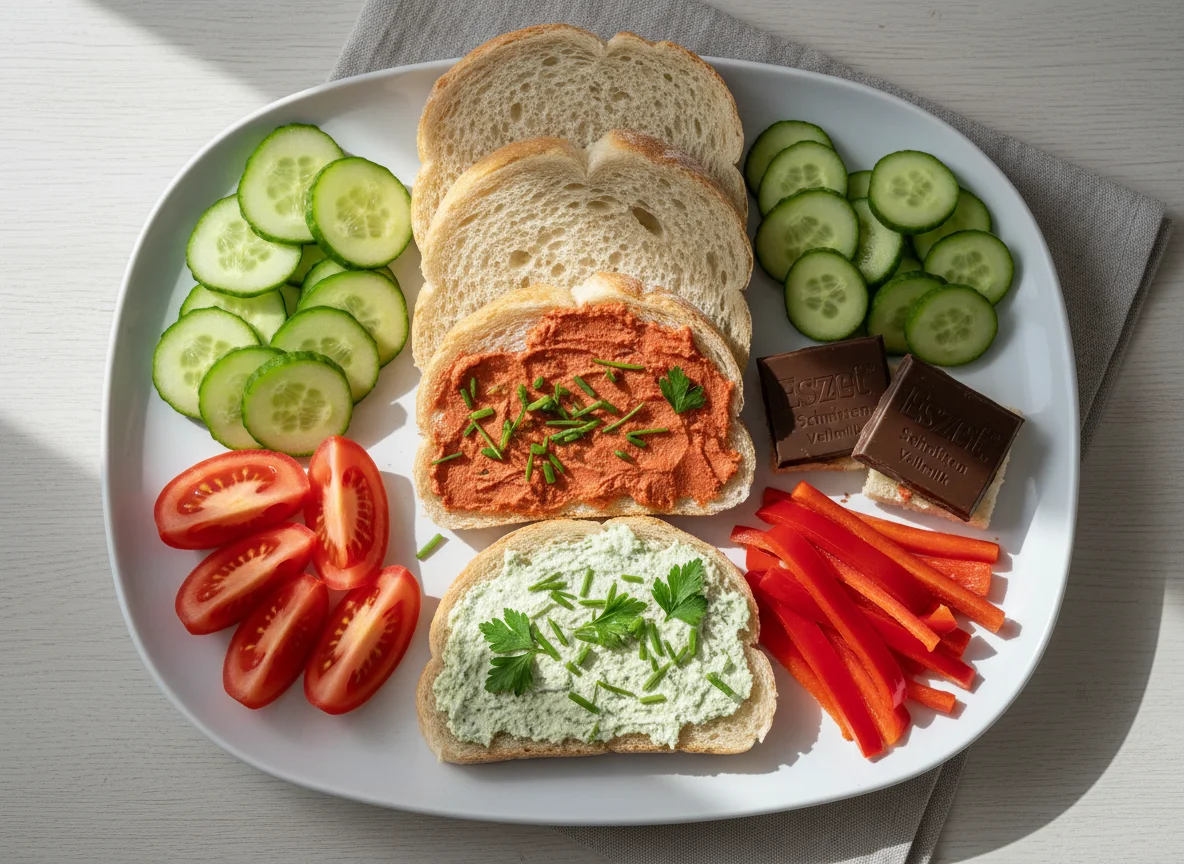 Abendbrot mit Brot, Gemüse und Schokolade photo