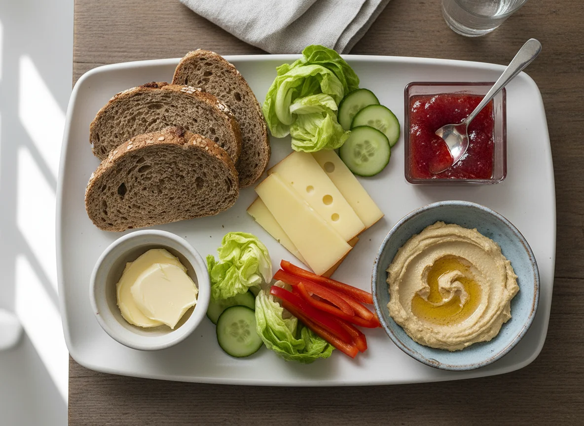 Abendbrot mit Brot, Käse, Marmelade und Gemüse photo