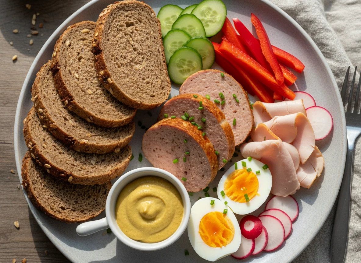 Abendbrot mit Brot, Leberkäse, Eiern und Gemüse photo