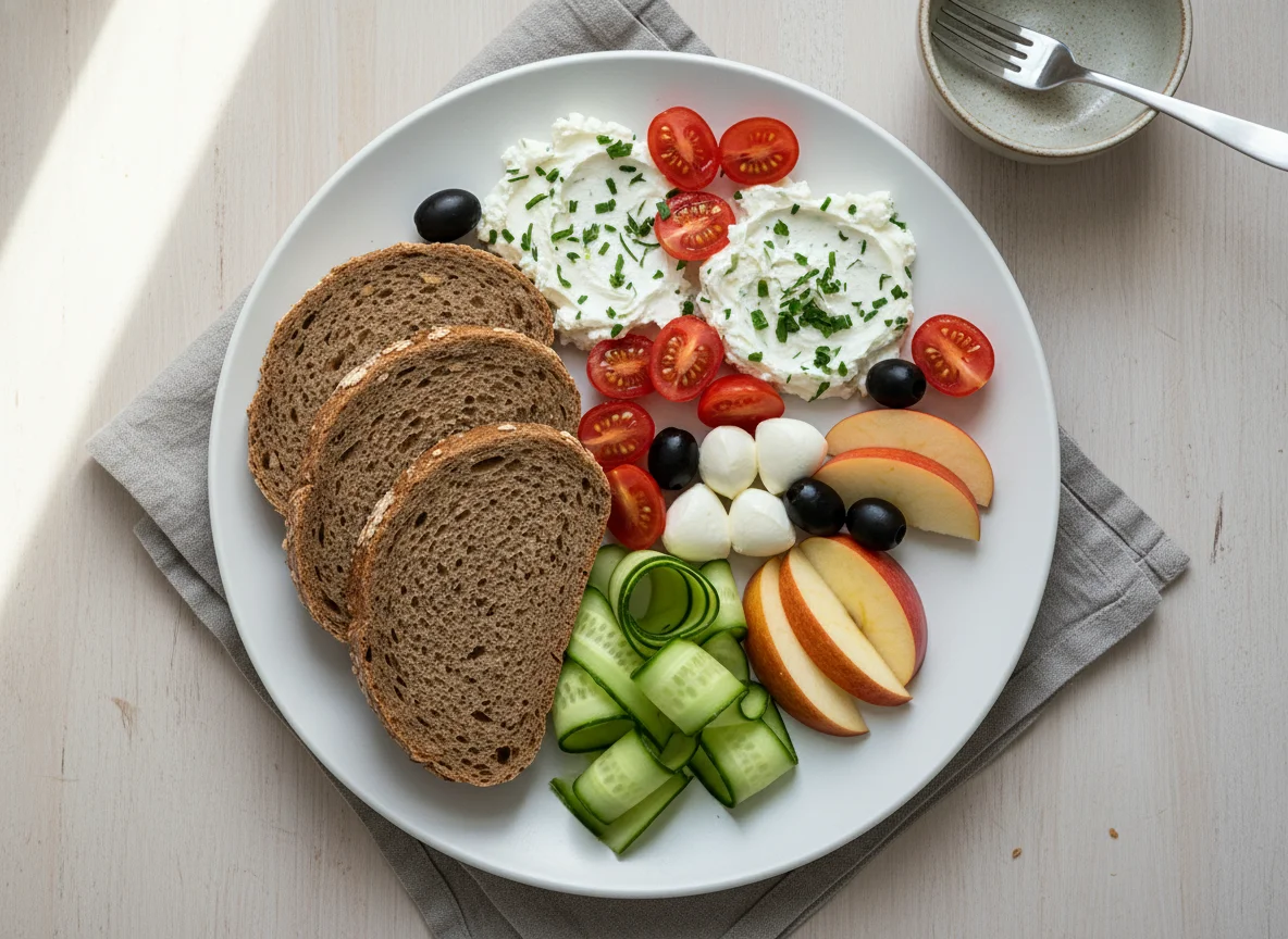 Abendbrot mit Brot, Mozzarella, Oliven und Obst photo