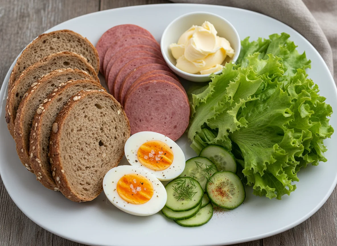 Abendbrot mit Brot, Wurst, Salat, Gurken und Eiern photo