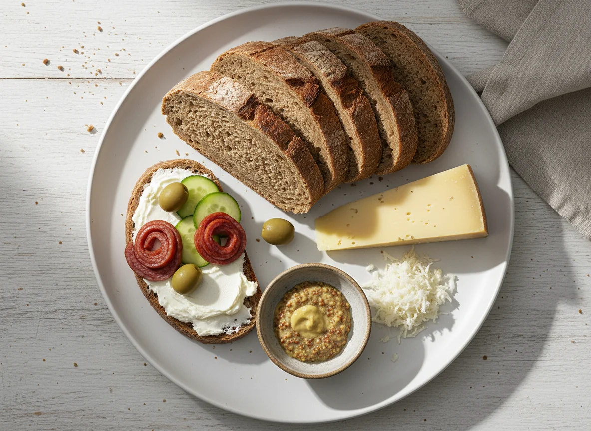 Abendbrot mit Brot, Wurst und Beilagen photo