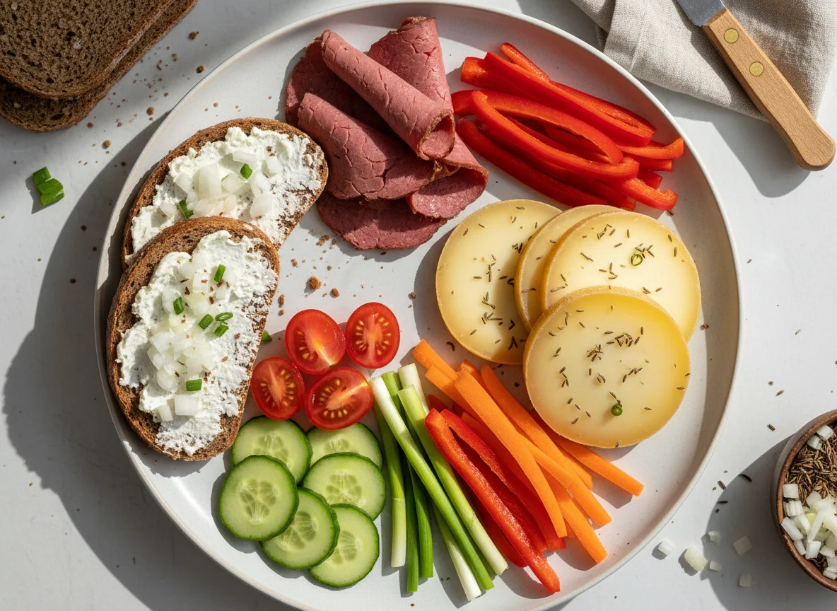 Abendbrot mit Corned Beef, Harzer Käse und Gemüse photo