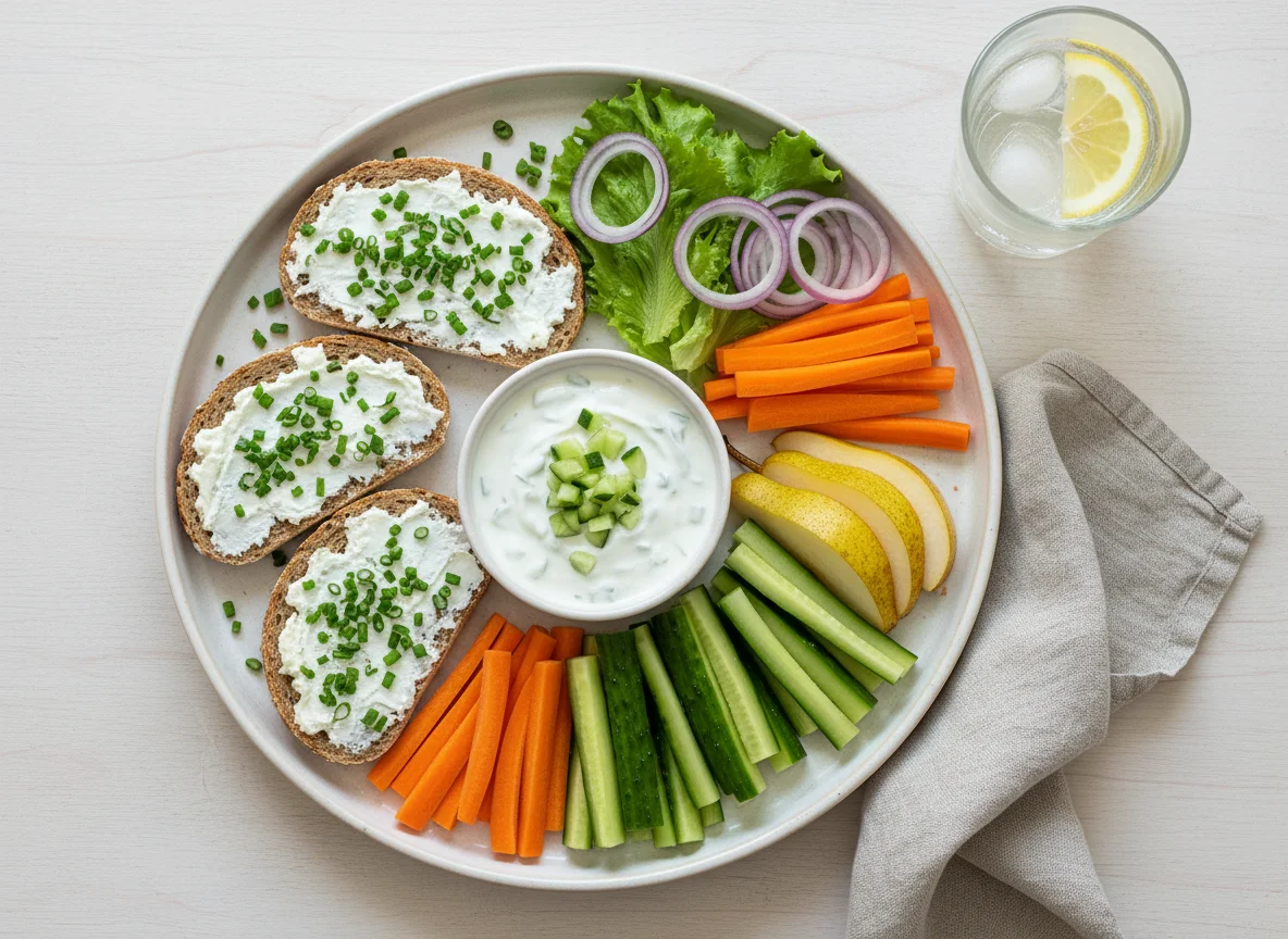 Abendbrot mit Gemüse, Obst und Dip photo