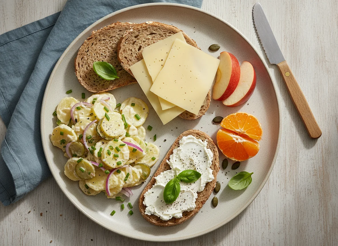 Abendbrot mit Kartoffelsalat, Brot und Obst photo