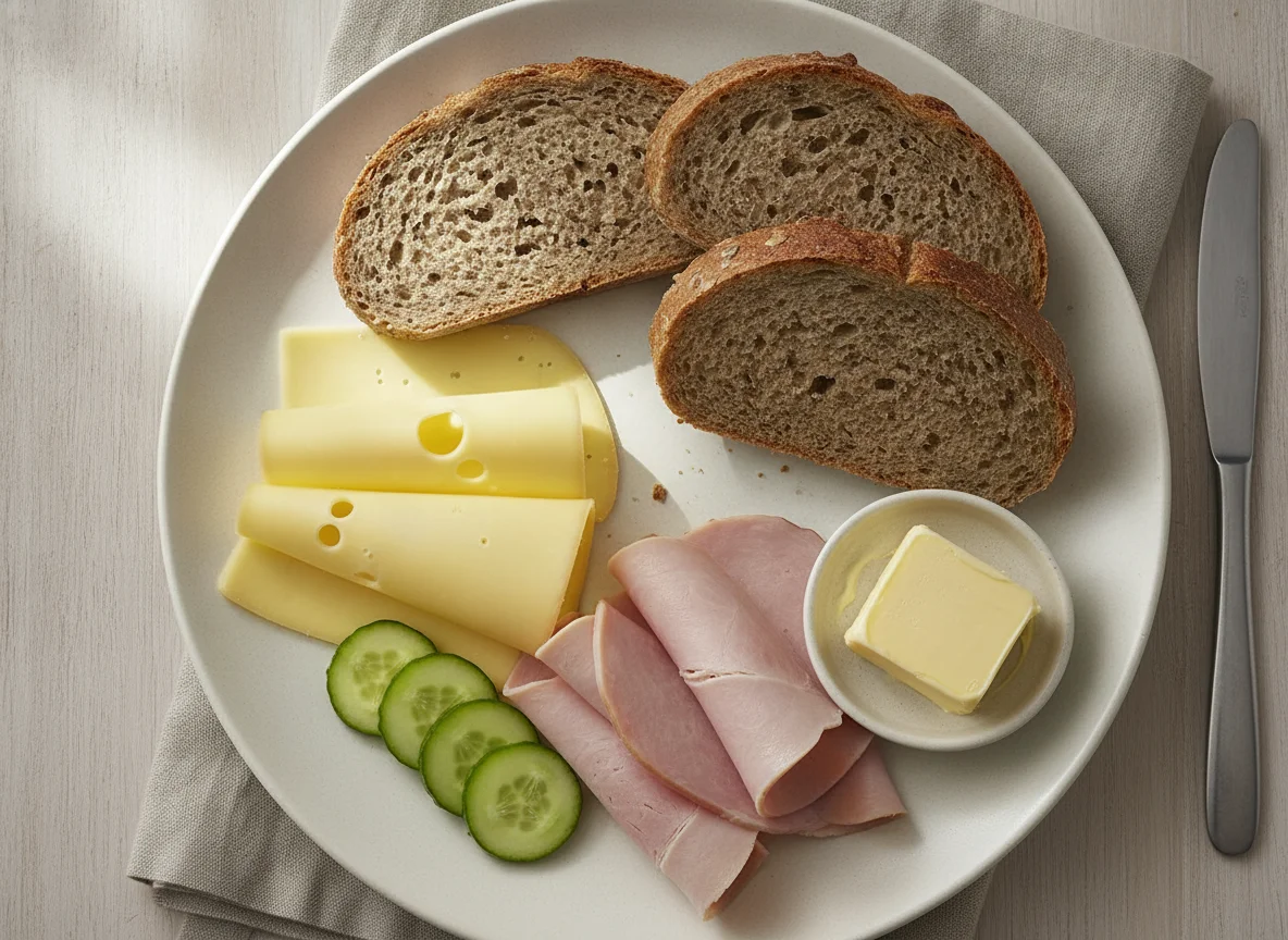 Abendbrot mit Käse, Schinken und Butter photo