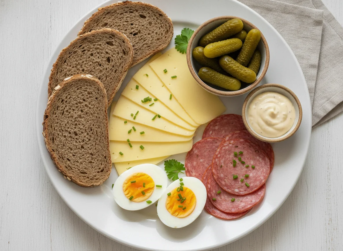 Abendbrot mit Käse, Wurst und Eiern photo