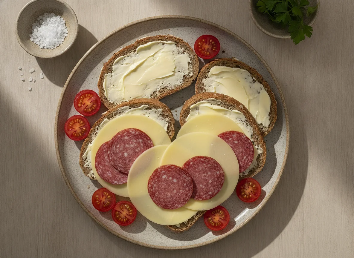 Abendbrot mit Käse, Wurst und Tomaten photo
