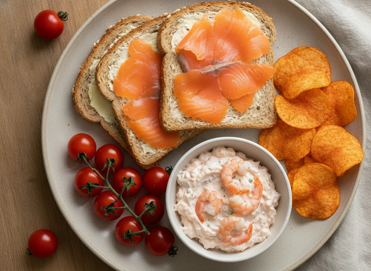 Abendbrot mit Lachs, Aufstrich, Tomaten und Chips photo