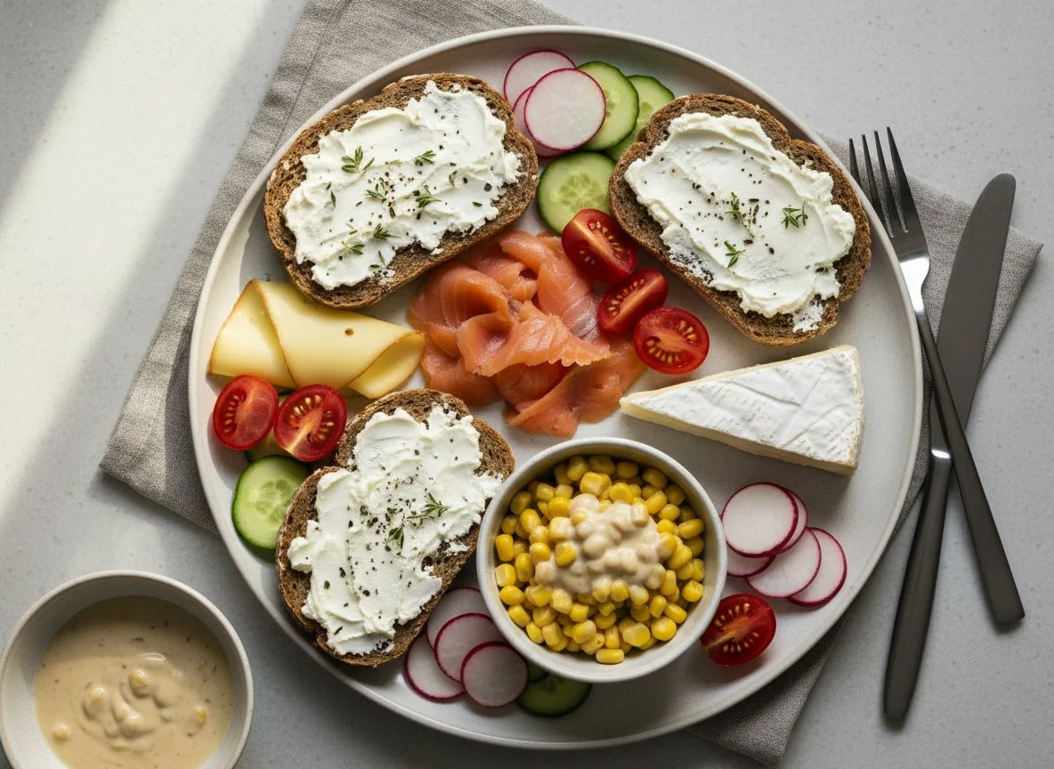 Abendbrot mit Lachs, Käse und Gemüse photo