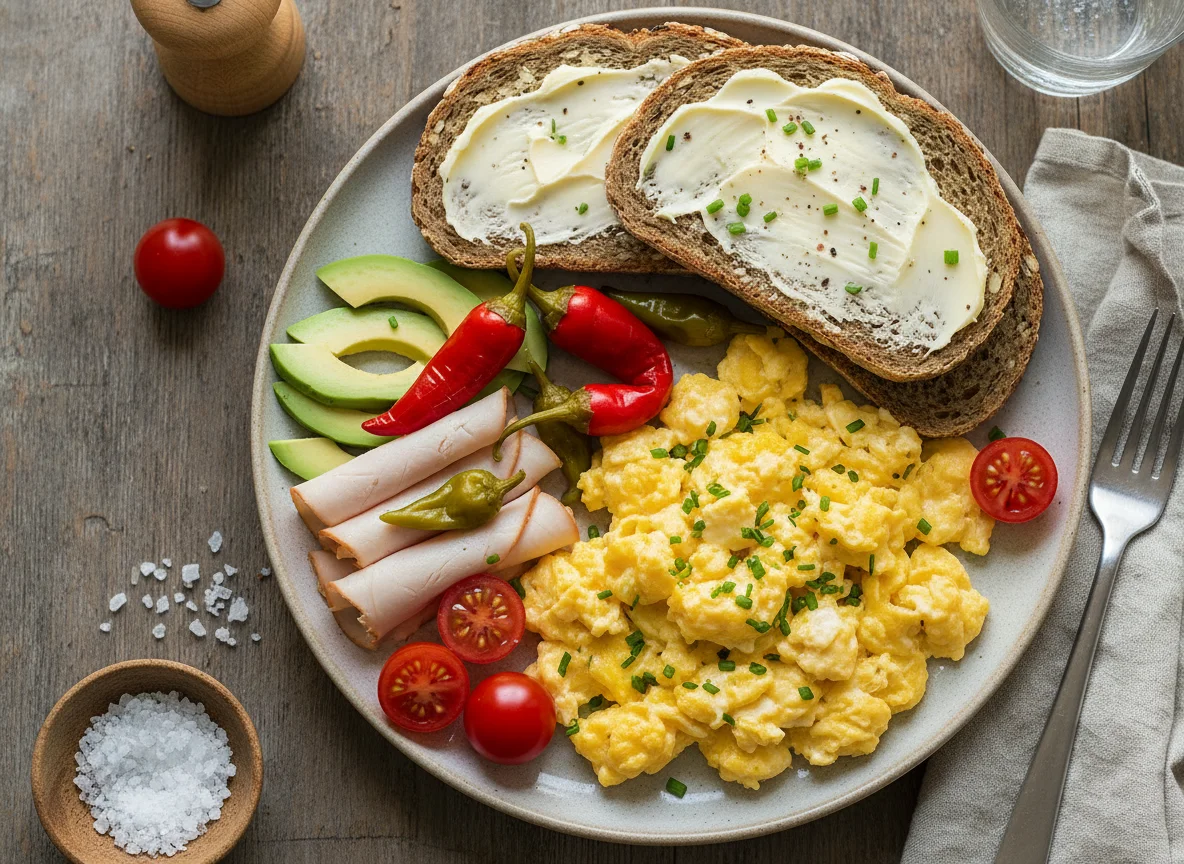Abendbrot mit Rührei und Brot photo