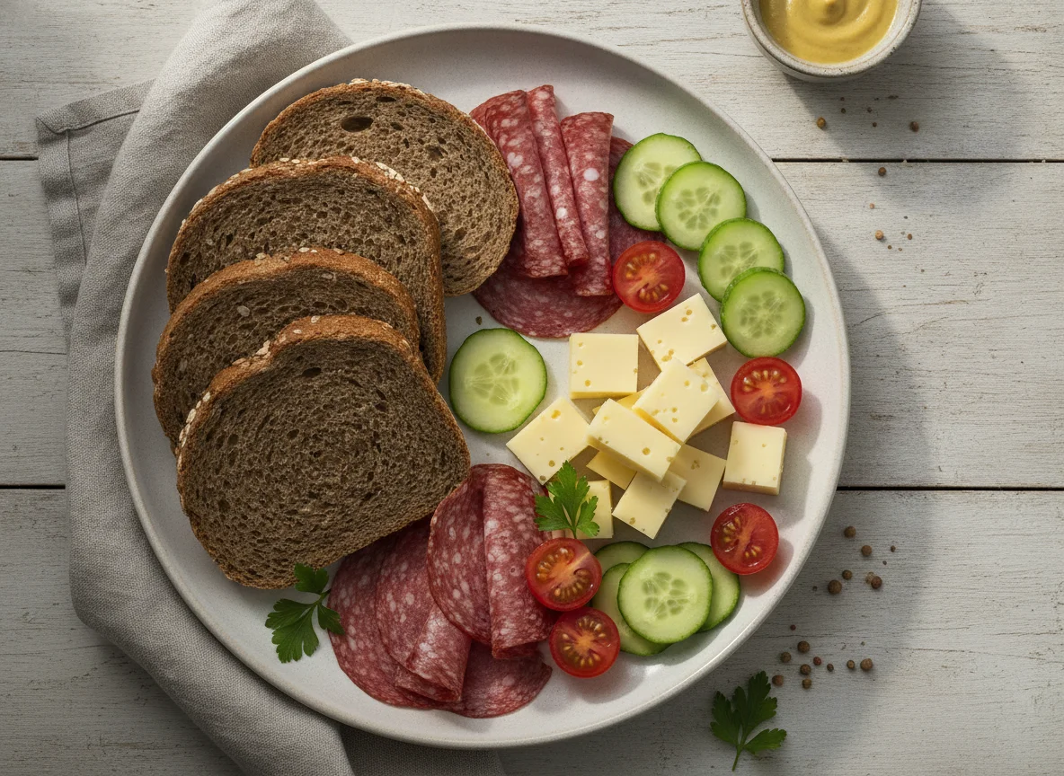 Abendbrot mit Salami, Käse und Gemüse photo