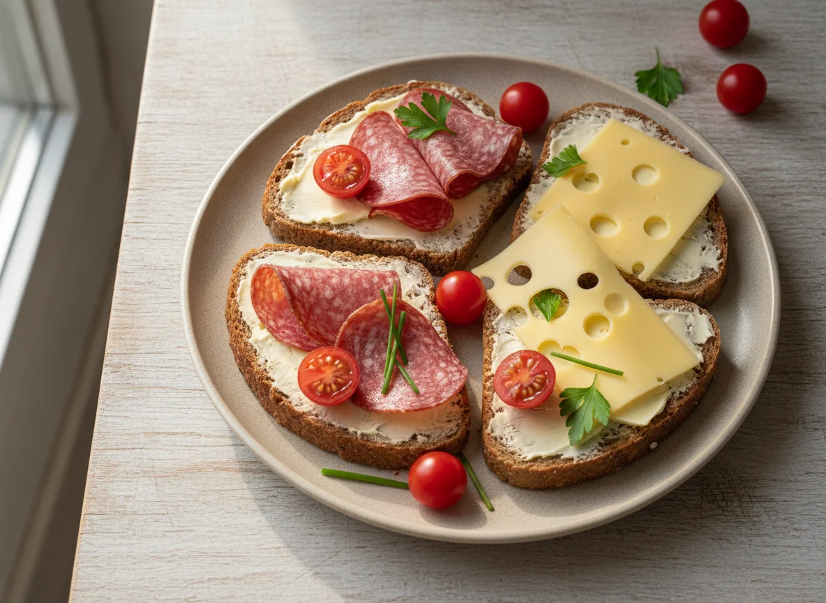 Abendbrot mit Salami, Käse und Tomaten photo