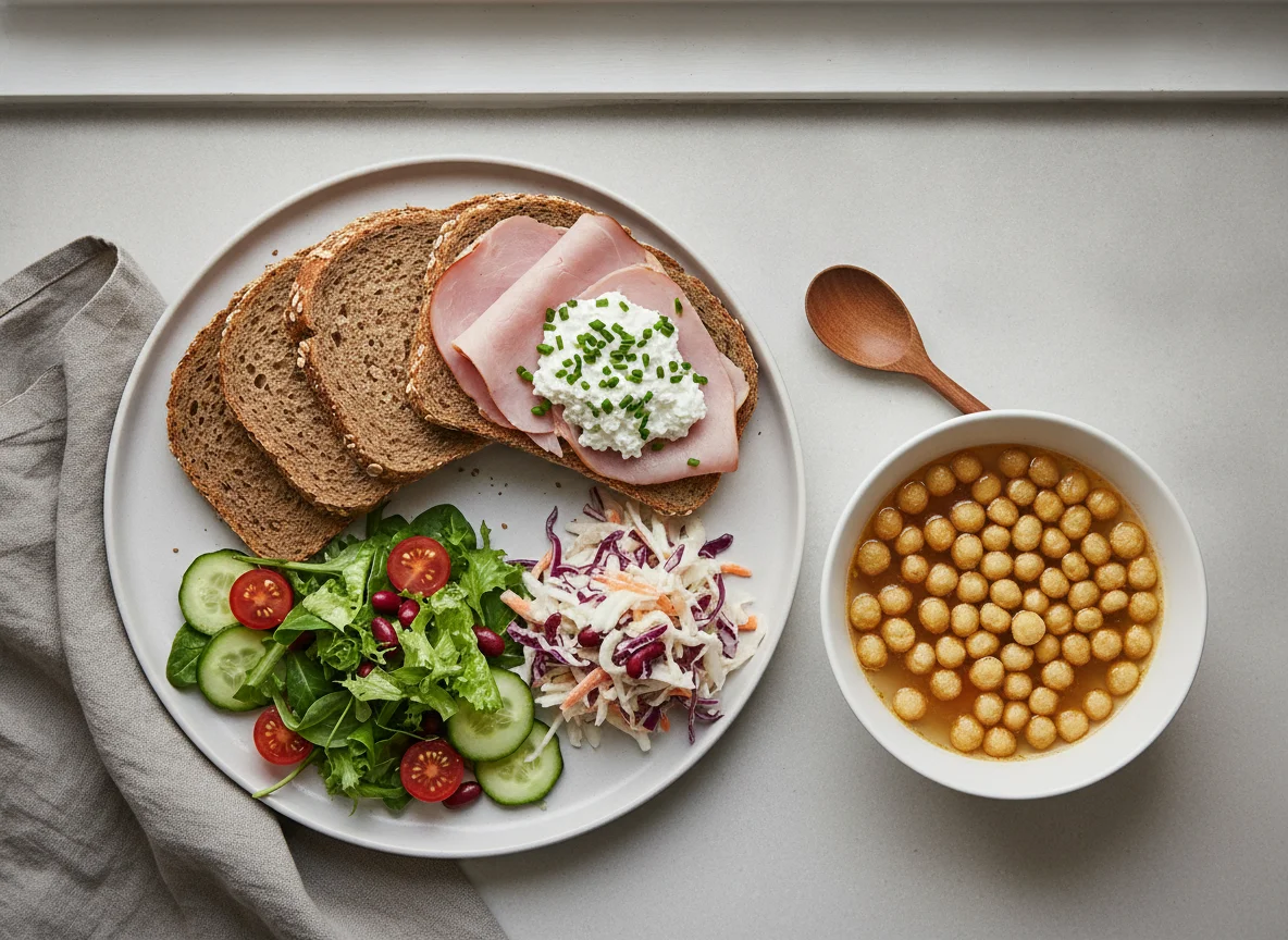 Abendbrot mit Salat und Backerbsen-Suppe photo
