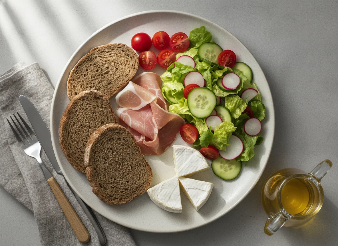 Abendbrot mit Schinken, Käse und gemischtem Salat photo