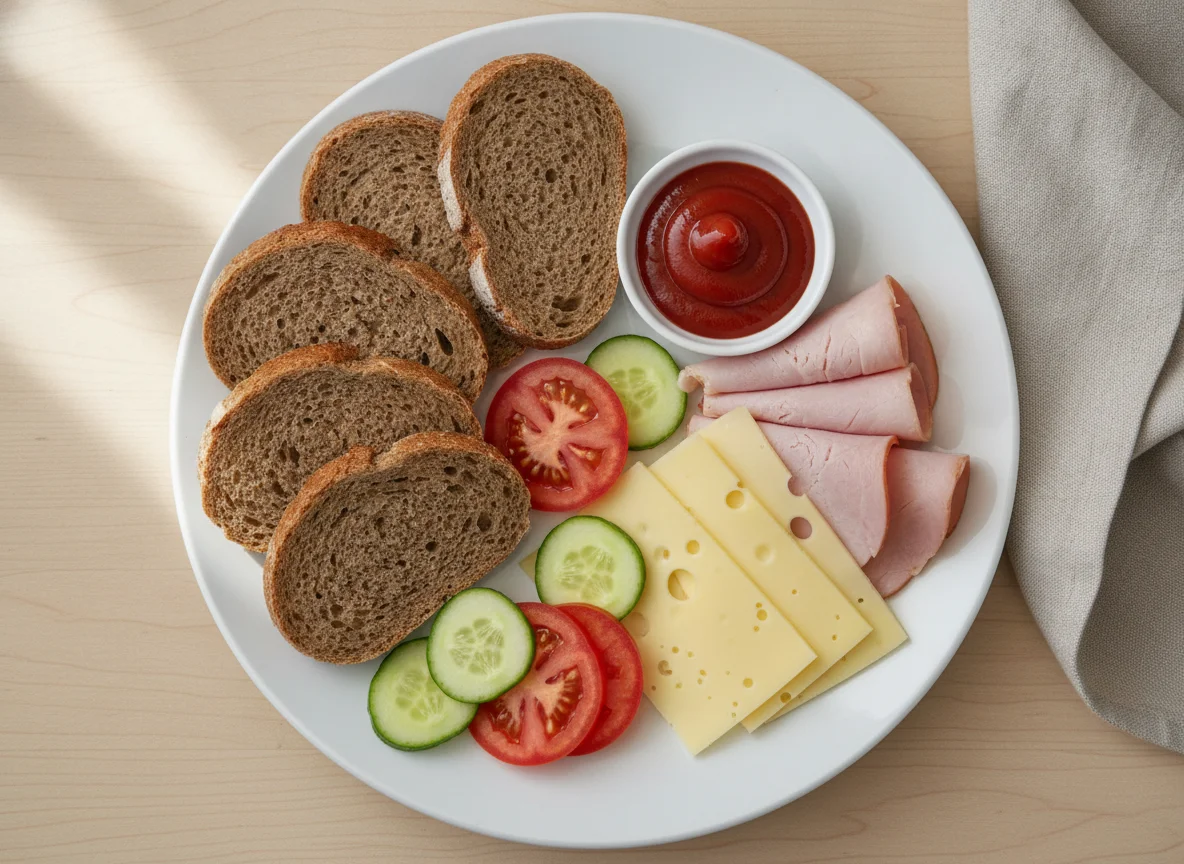 Abendbrot mit Schinken, Käse und Gemüse photo