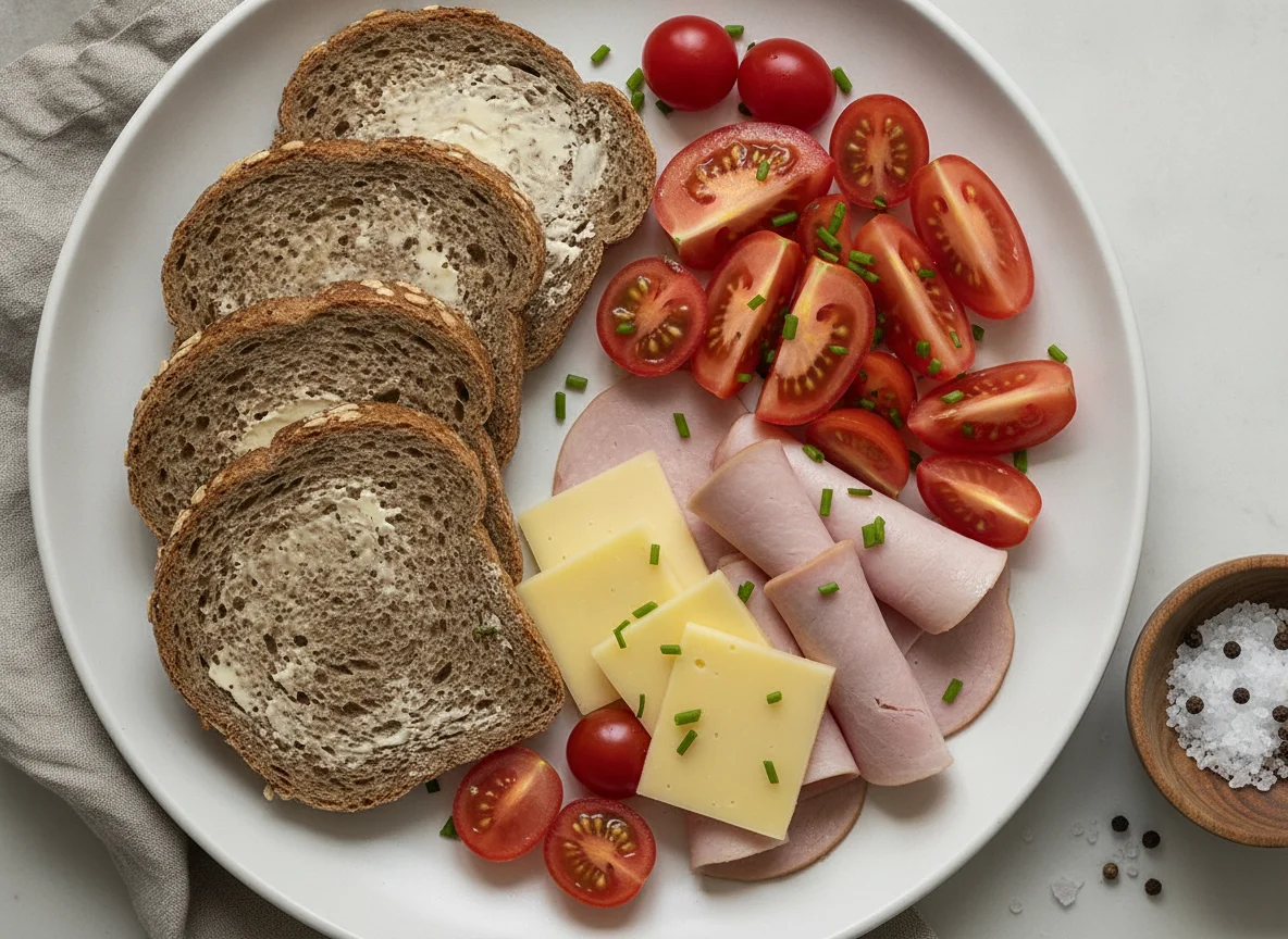 Abendbrot mit Schinken, Käse und Tomaten photo