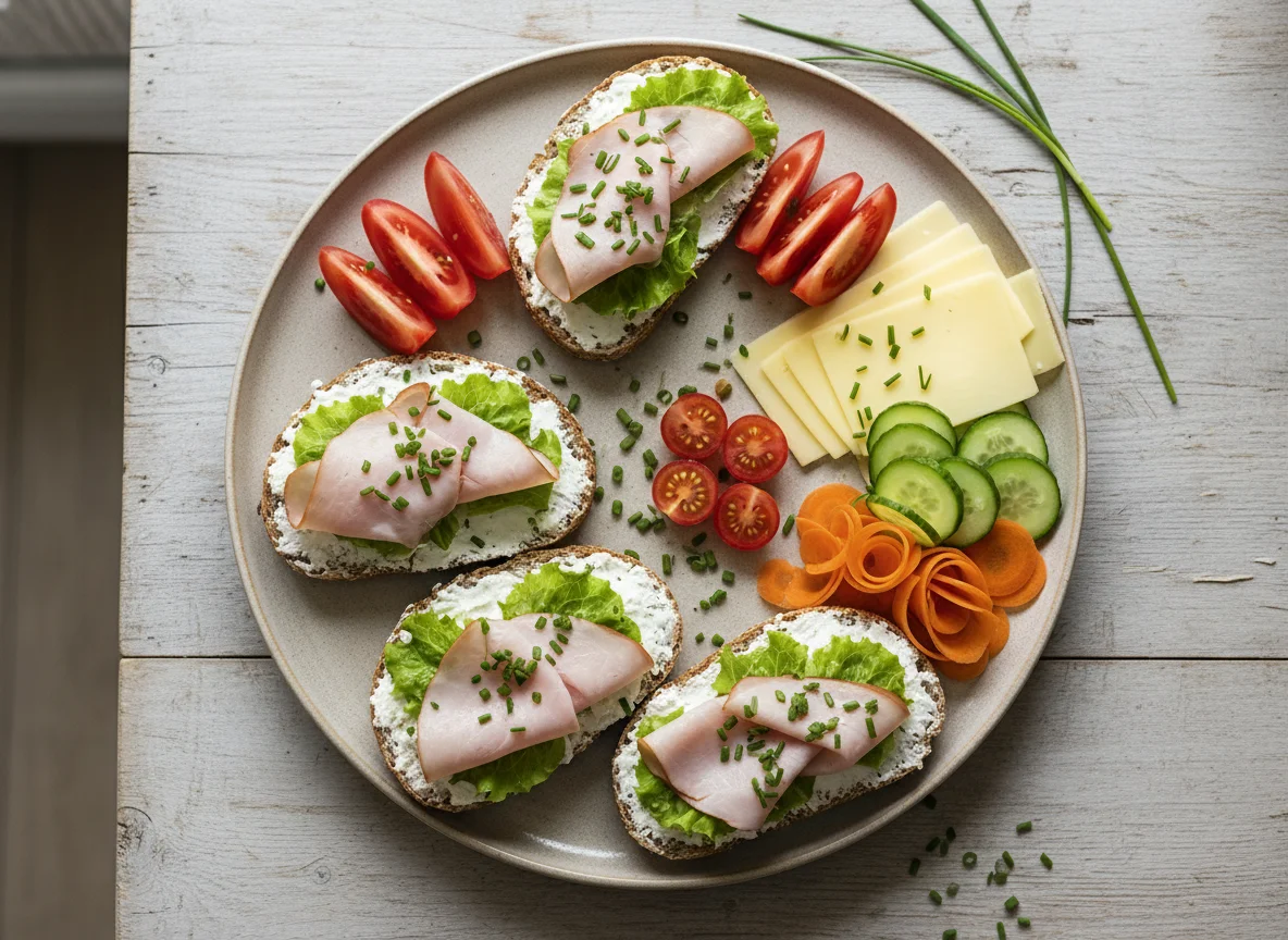 Abendbrot mit Schinkenbrot und Gem\u00fcse photo
