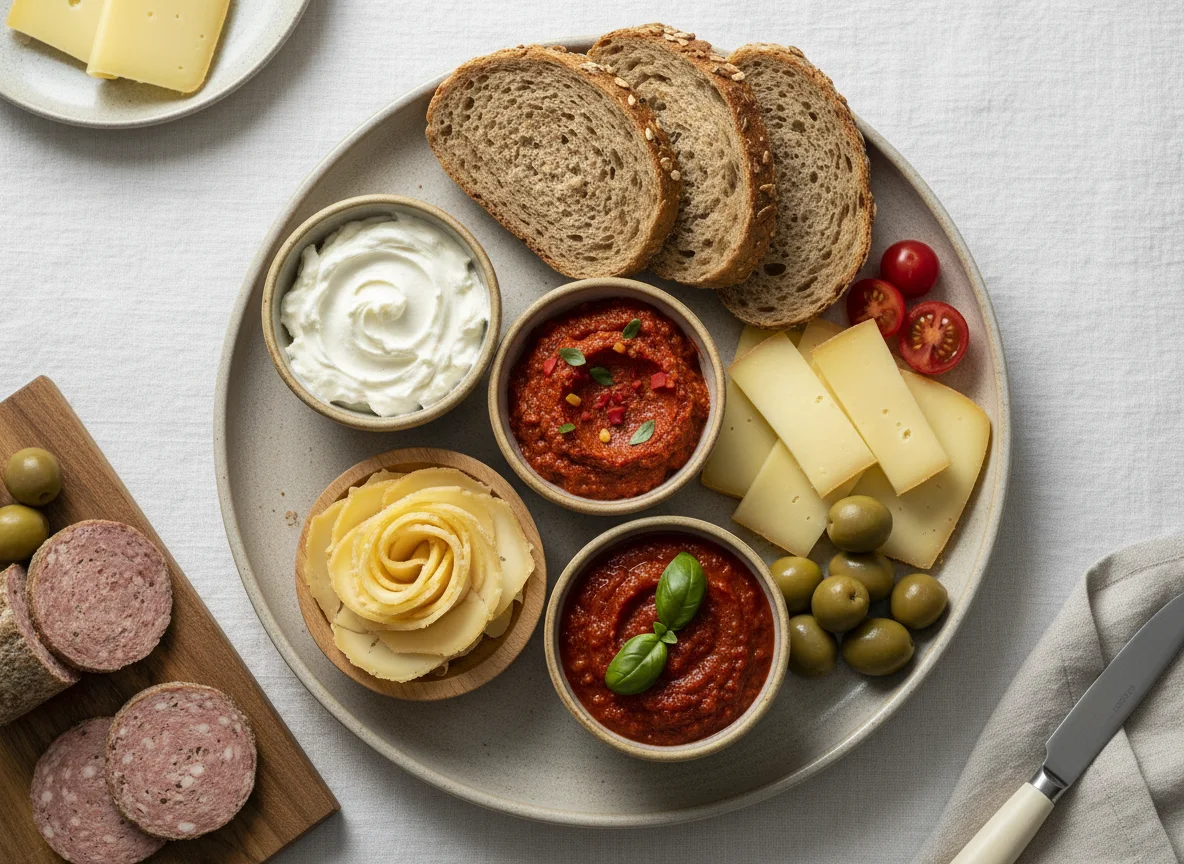 Abendbrot mit verschiedenen Aufstrichen und Käse photo