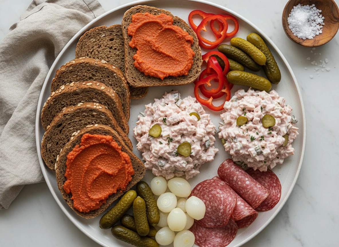 Abendbrot mit verschiedenen Belägen und Beilagen photo