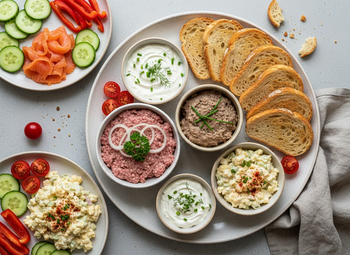 Abendbrot mit verschiedenen Brotaufstrichen und Gemüse photo