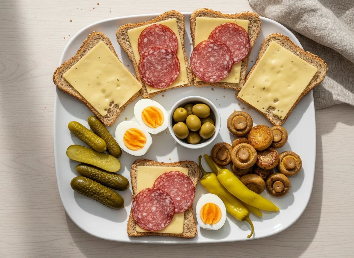 Abendbrot mit Vollkorntoast und Beilagen photo