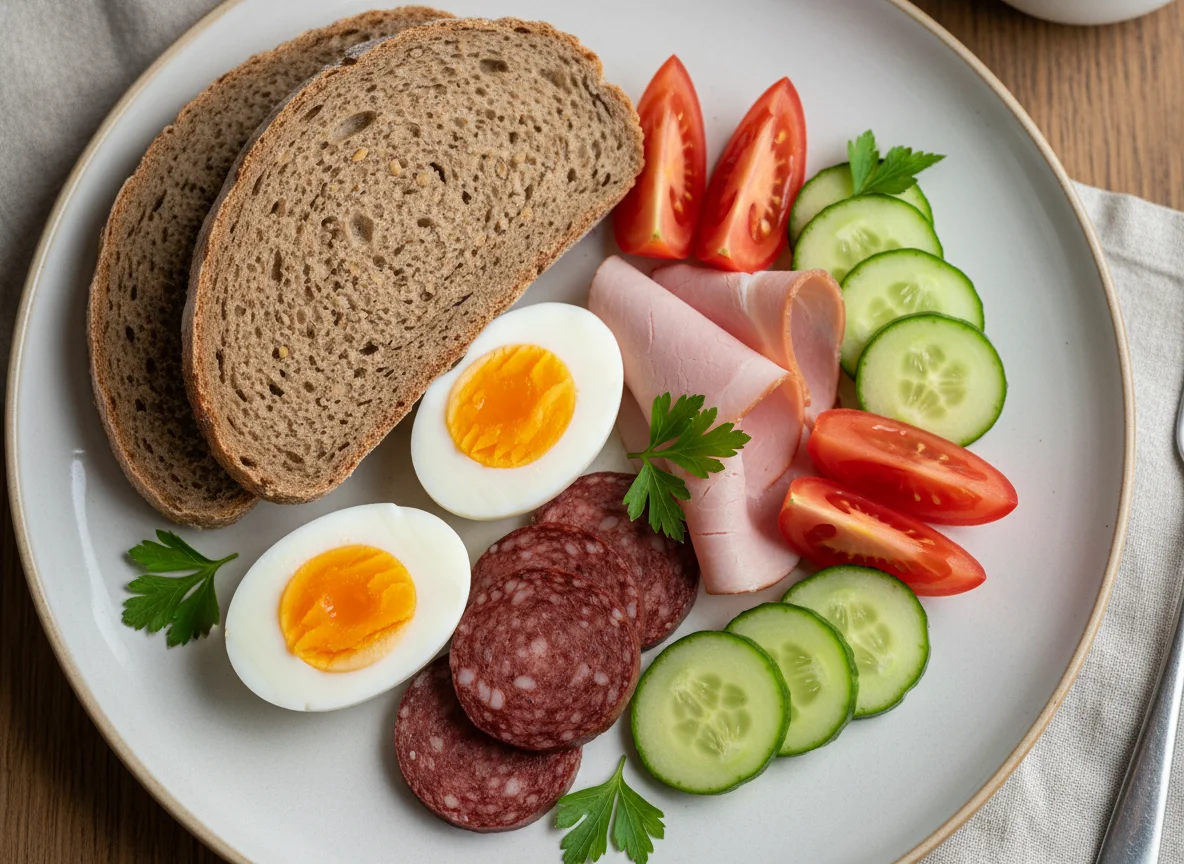 Abendbrot mit Wurst, Ei und Gemüse photo