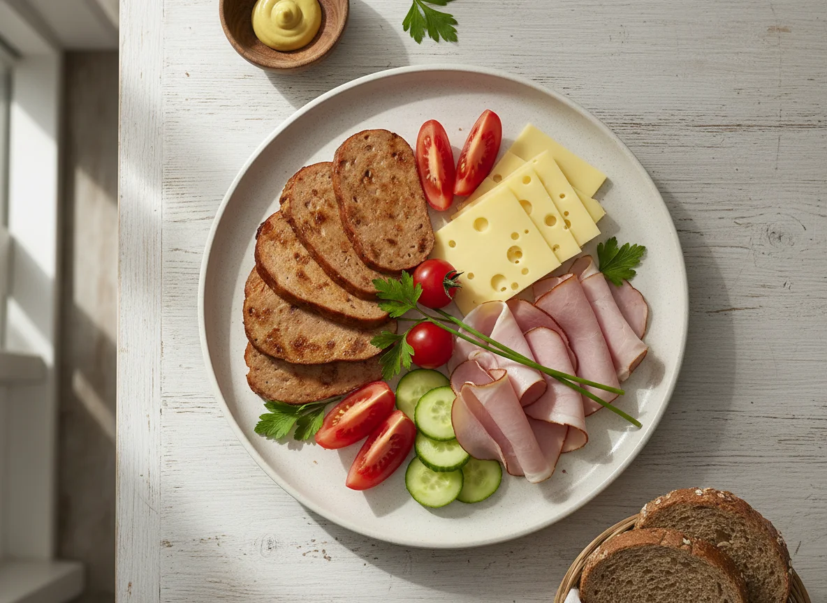 Abendbrot mit Wurst, Käse und Gemüse photo
