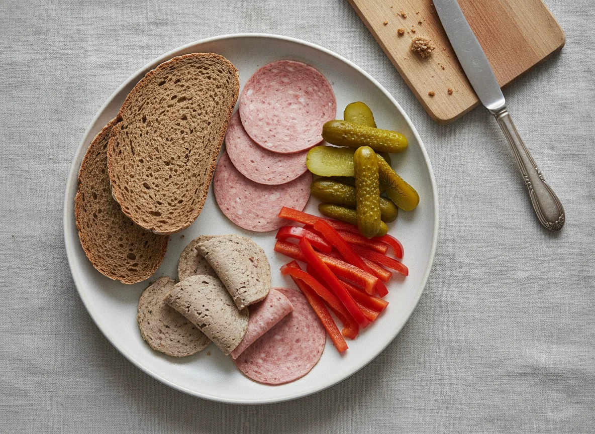 Abendbrot mit Wurst und Gewürzgurken photo