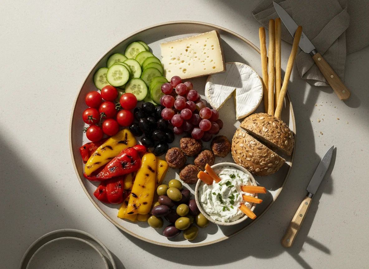 Abendbrot-Platte mit Käse, Gemüse und Snacks photo