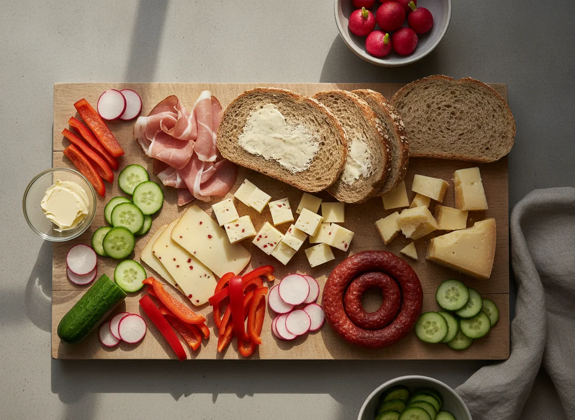 Abendbrot-Platte mit Schinken, Käse und Gemüse photo