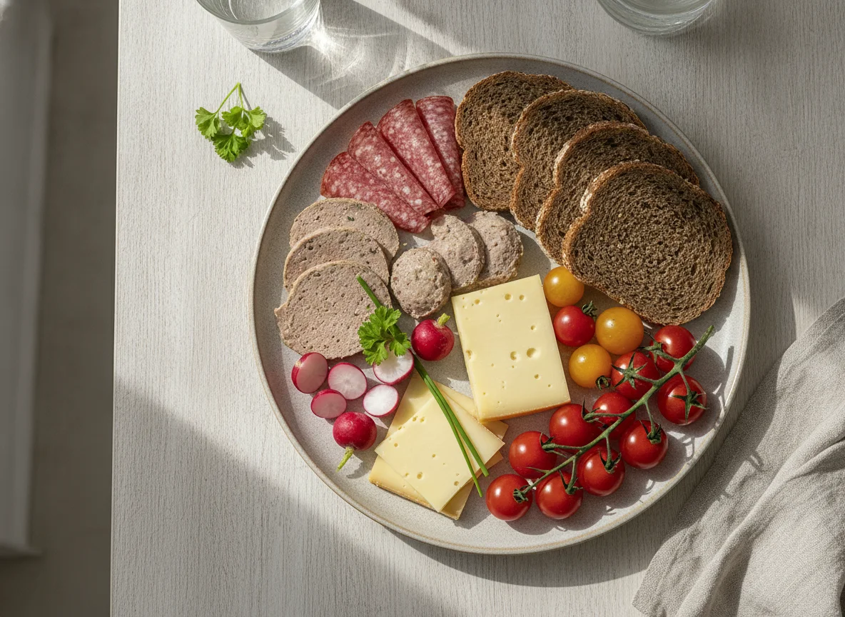 Abendbrot-Teller mit Wurst, Käse und Gemüse photo