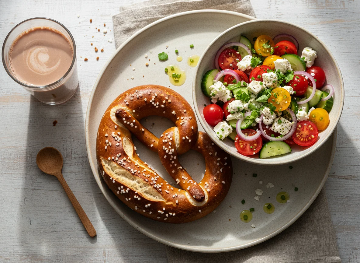 Abendessen mit Brezel, Tomatensalat und Kakao photo