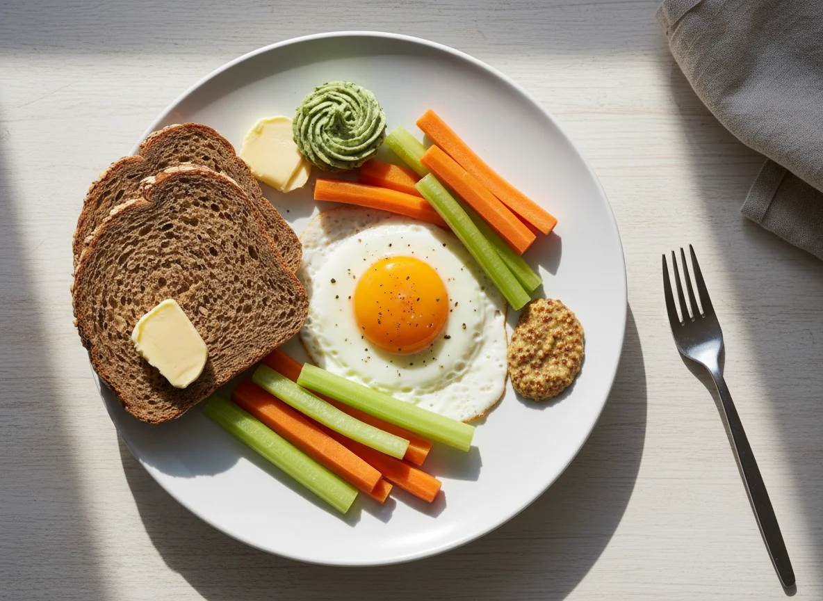 Abendessen mit Brot, Ei und Gemüse photo