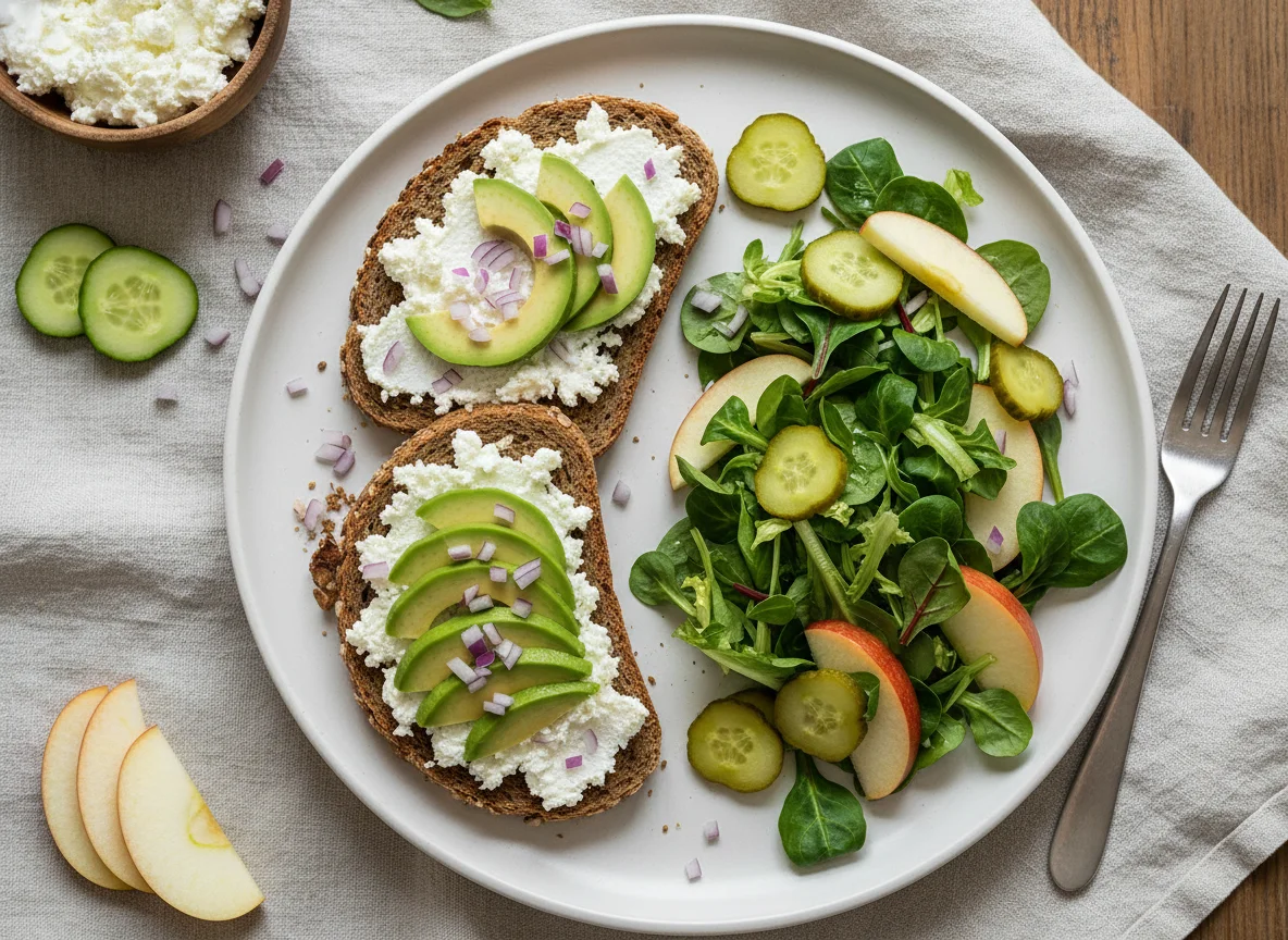 Abendessen mit Brot, Salat und Gurken photo