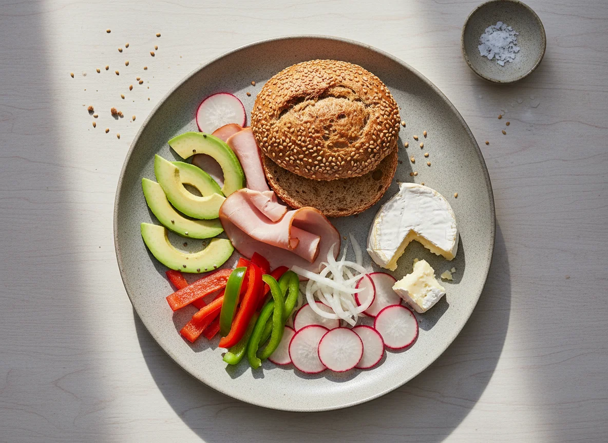 Abendessen mit Brot, Schinken und Gemüse photo