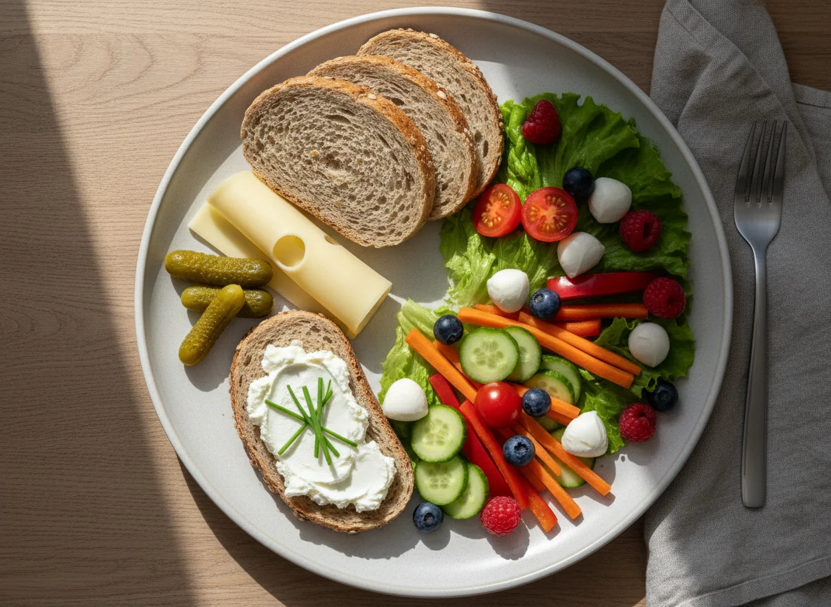 Abendessen mit Brot und Gemüseteller photo