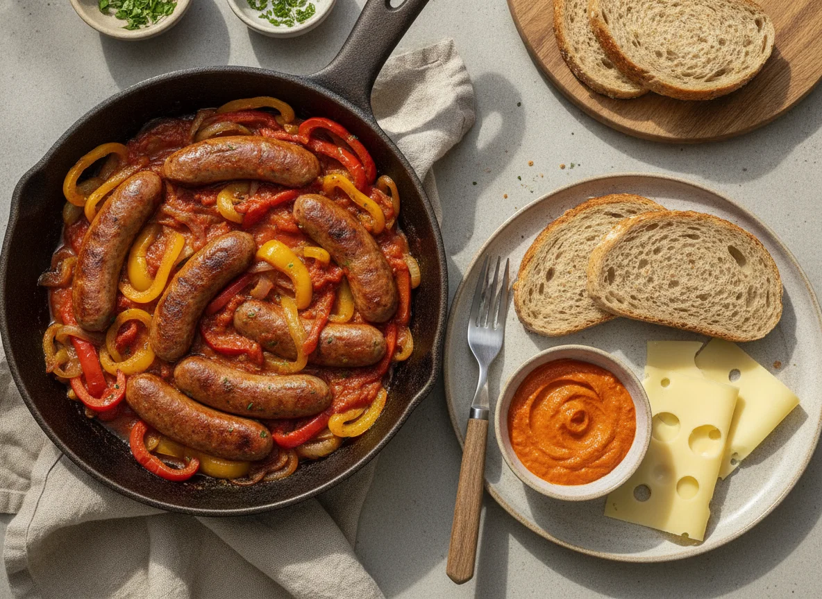 Abendessen mit Brot und Wurstpfanne photo