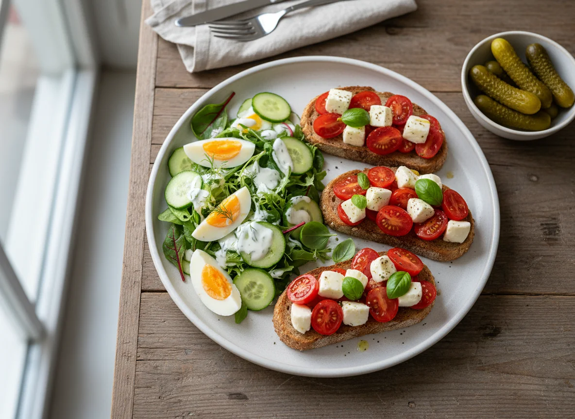 Abendessen mit Bruschetta, Salat und Essiggurken photo