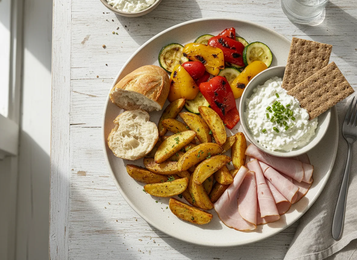 Abendessen mit Kartoffelspalten, Gemüse und Baguette photo