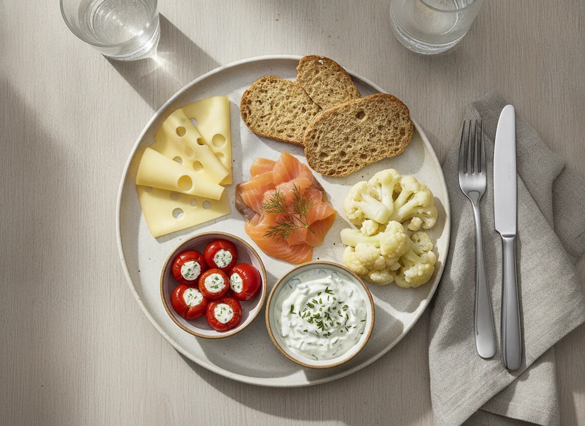 Abendessen mit Lachs, Käse und gefüllten Paprika photo