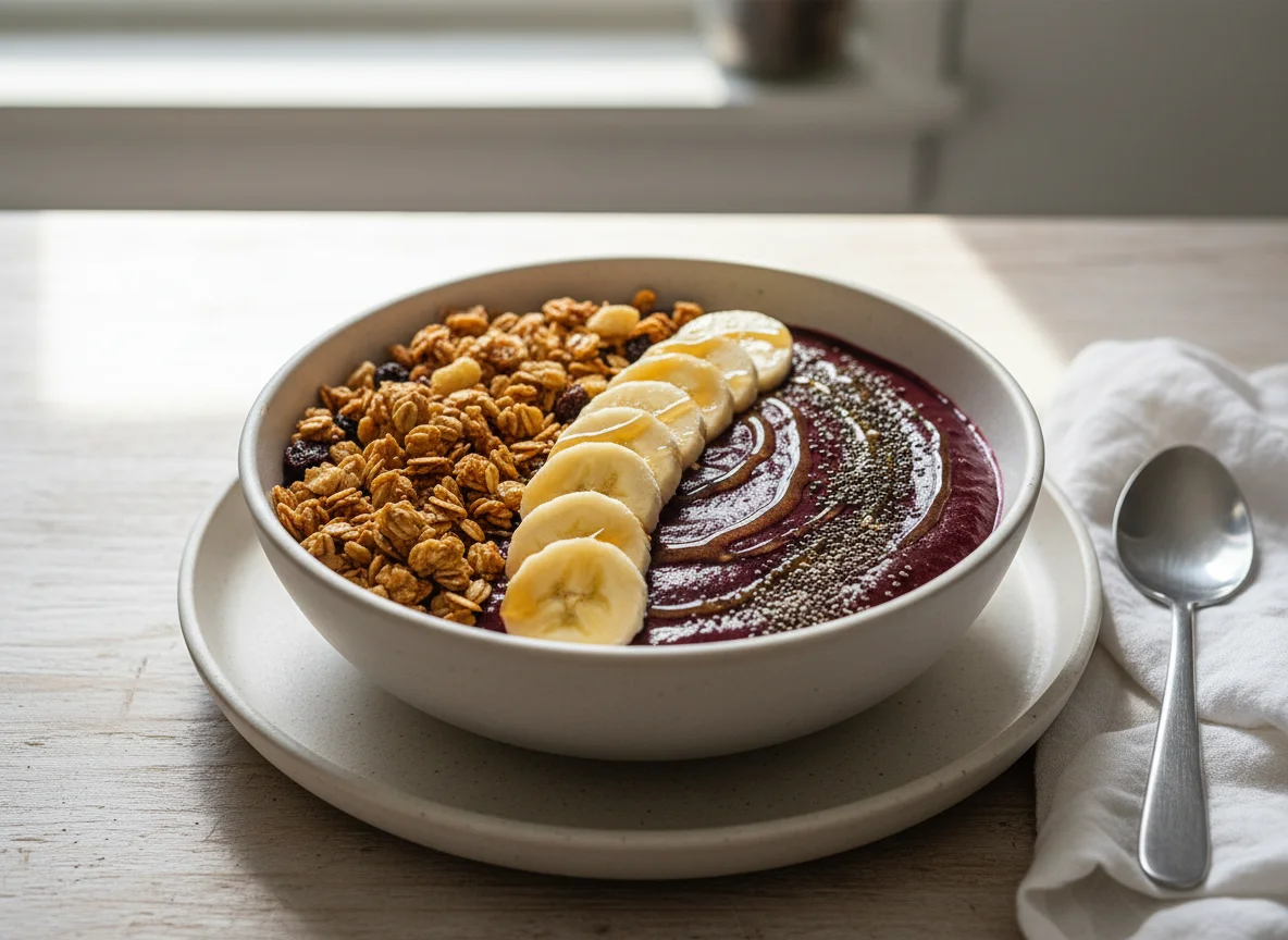 Açaí Bowl mit Banane, Müsli und Chiasamen photo