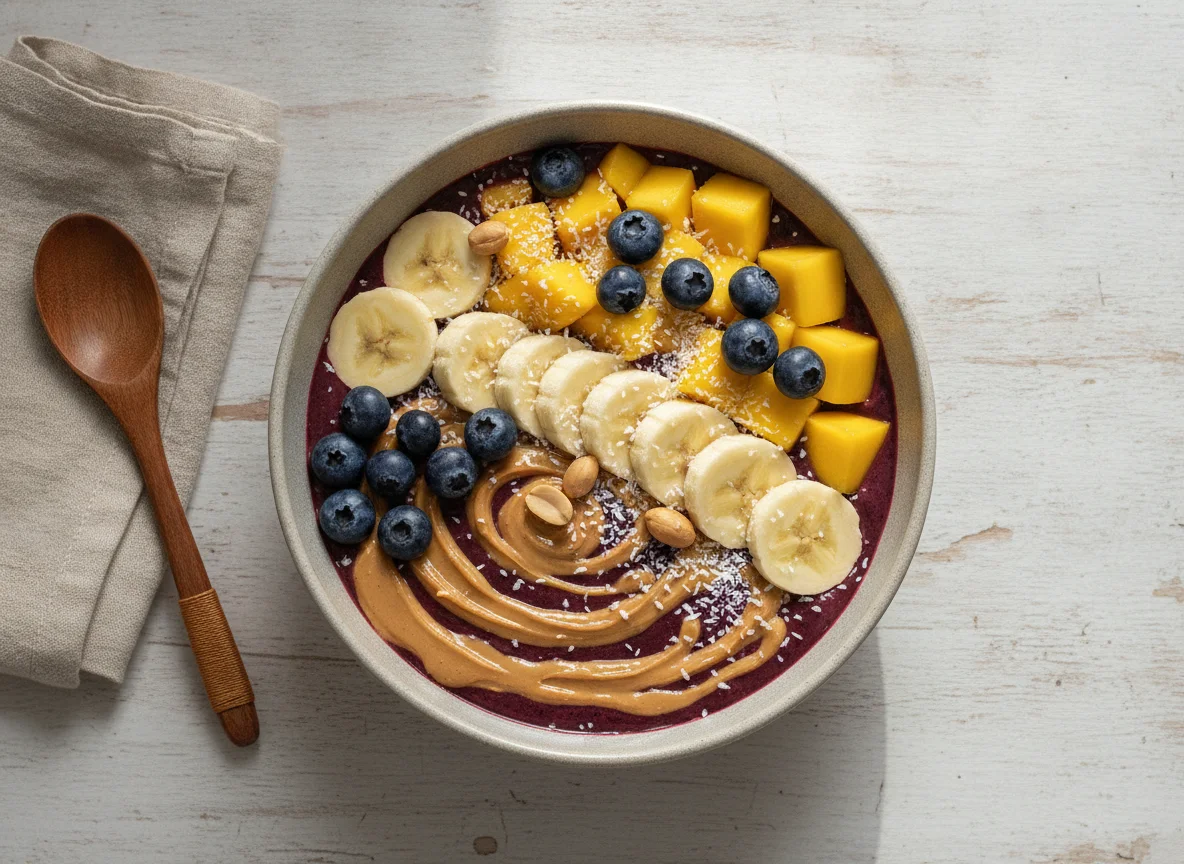 Açaí Bowl mit Erdnussbutter und Früchten photo