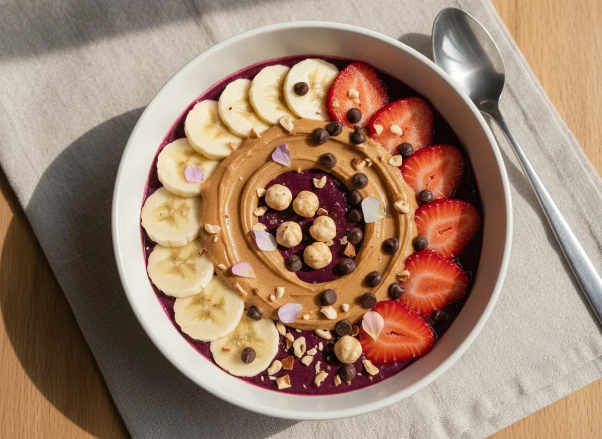 Açaí Bowl mit Erdnussmus und Früchten photo