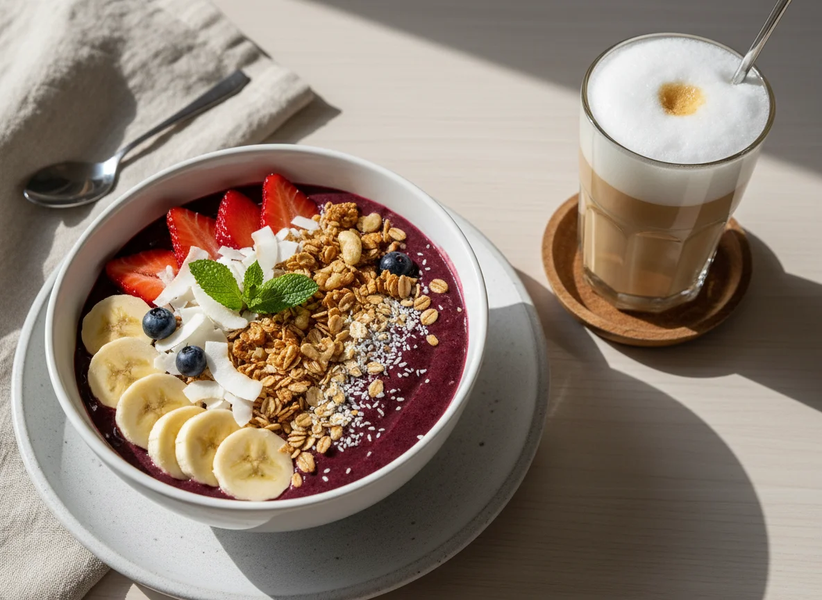 Acai Bowl mit Früchten und Müsli und Latte Macchiato photo