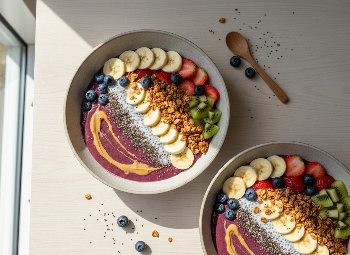 Açaí-Schalen mit Früchten und Chiasamen photo