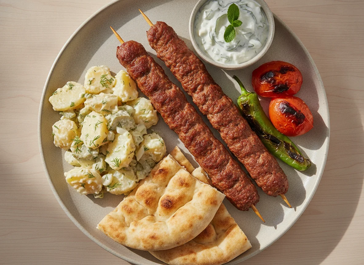 Adana Kebab mit Beilagen photo